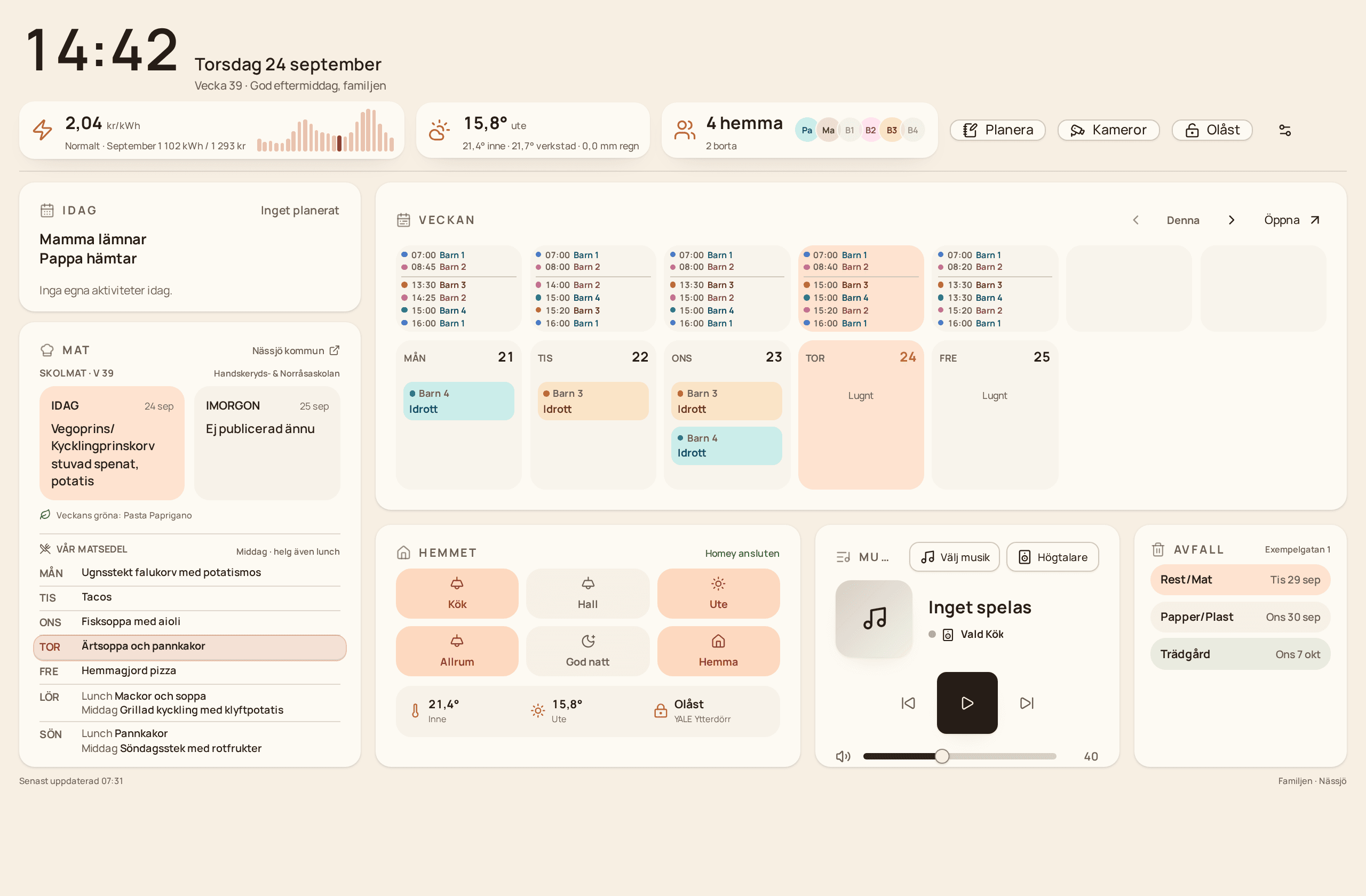Prototyp av Hemmaplan: klocka, elpris, väder, veckans aktiviteter, skolmat, smarta hemmet, musik och avfallshämtning på en skärm.